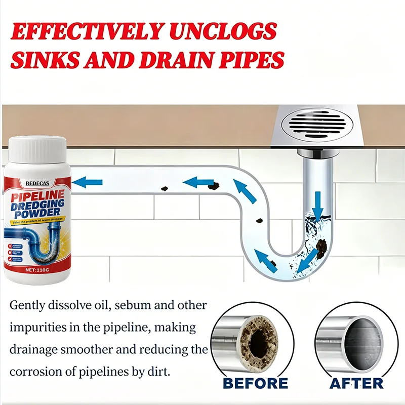 110G Powerful Drain Cleaner Powder, Dissolves Hair & Grease, Deodorizes & Prevents Clogs for Sinks, Bathrooms & Toilets