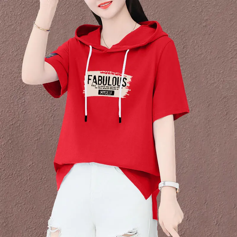 Letnia, luźna koszulka z bawełny, cienka bluzka z kapturem, damska, wyszczuplająca, zakrywająca brzuch, wygodna koszulka.