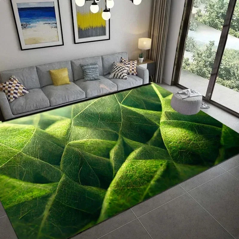 Summer Green Palm Leaves Carpets Grass Rug Tropical Leaves Rug for Living Room Bedroom Kitchen Non-slip Floor Mat Decoration