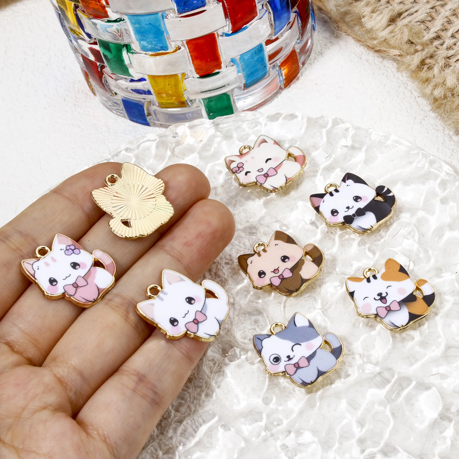 Liga Baseada em Zinco Encantos para Fazer Jóias, Pingentes Multicoloridos, Esmalte Animal Gato, Colar DIY, Cor Dourada, 21mm x 20mm, 10 PCs