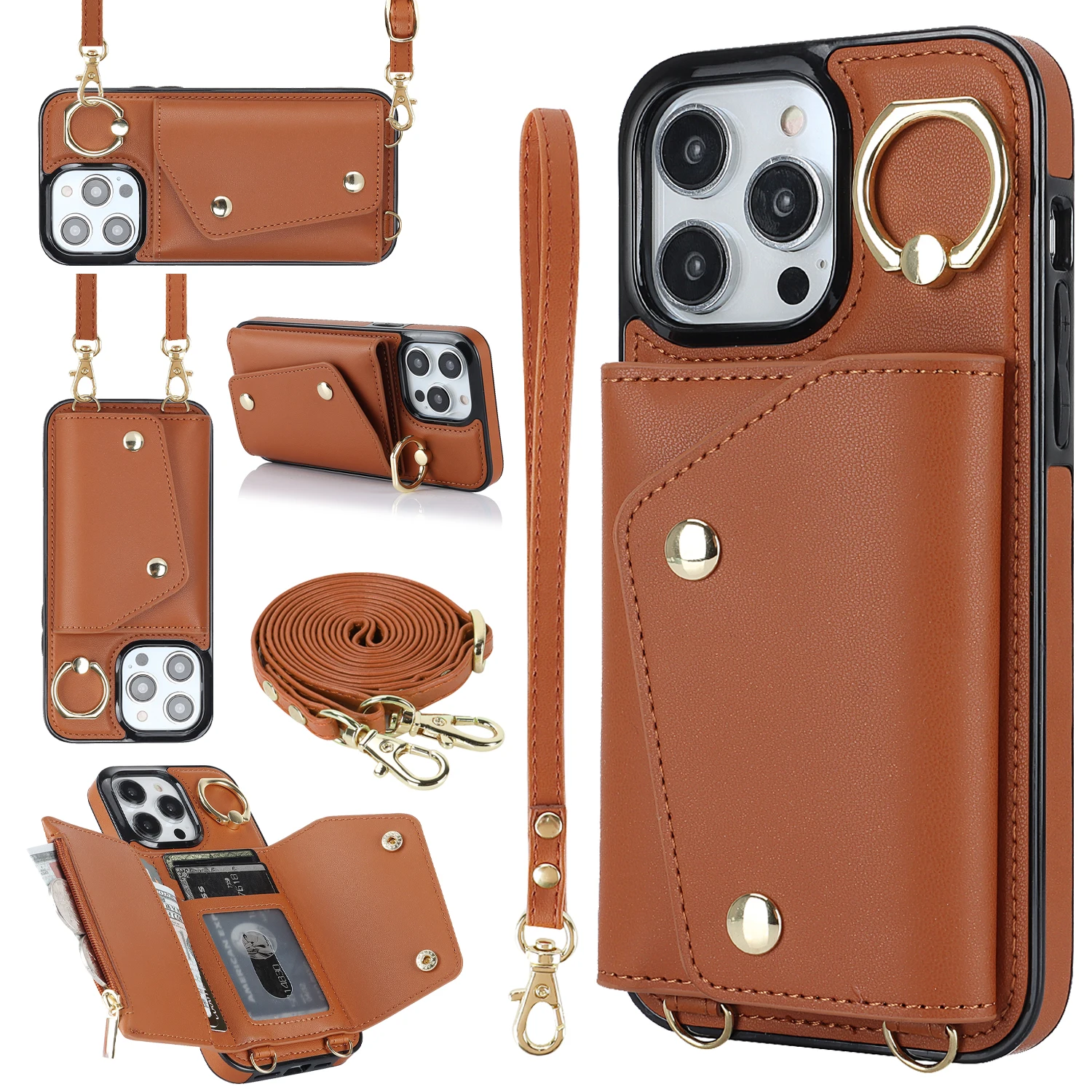 Crossbody Leather Zipper Card Holder Wallet Case, Handbag Purse Funda, Ring Kickstand Cover for iPhone 15 Pro Max 16 14 13 12 11