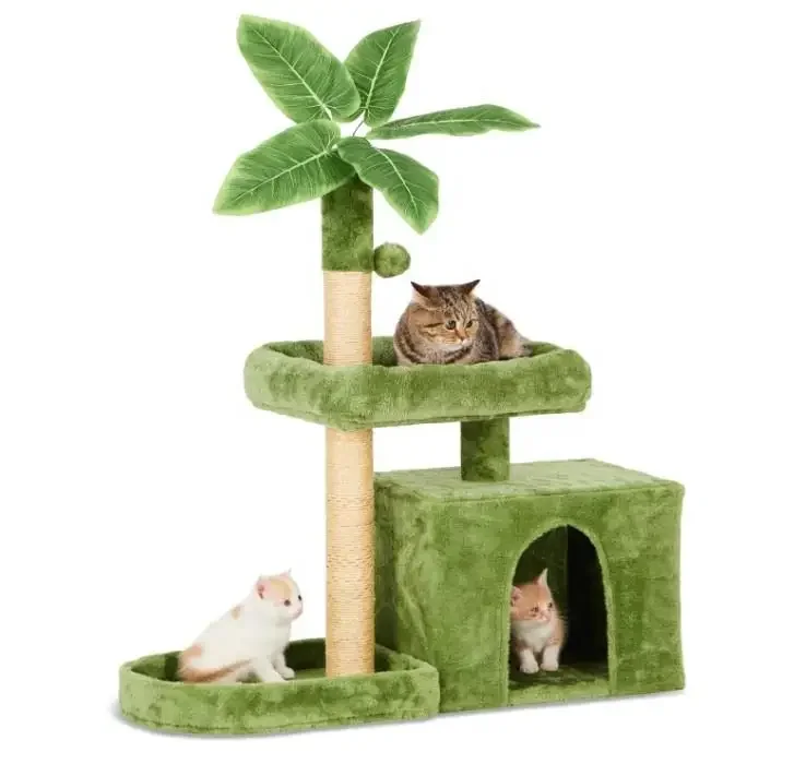 Cat Climber,Cat Tree Tower Green Leaves Cats Condo House With Hang Ball Leaf Shape Design Cat Trees And Scratcher