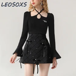 LEOSOXS 2024 Autumn Commuter Suit Skirt Women's Slim-fitting Long-sleeved Knitted T-shirt Top Bow Satin Rhombus Black Mini Skirt