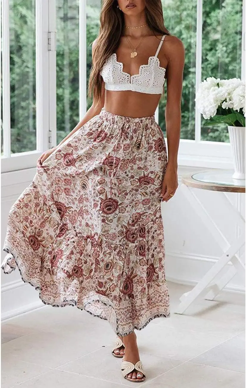 Luxy Trio Donna Boho Stampa floreale Elastico a vita alta a pieghe Gonna lunga a vita alta Abito con gonna fluida a trapezio