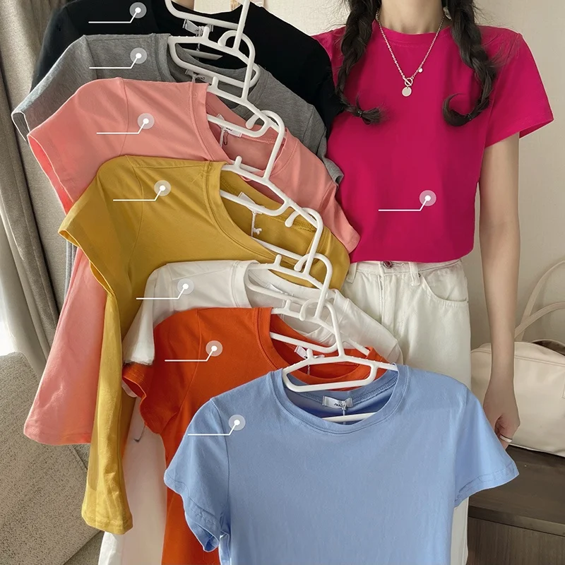 Women's ort Sve T-irt Korean Sle Spring Summer New Pure Color Student Top Slim Fit f Sve Trendy round Ne Tee