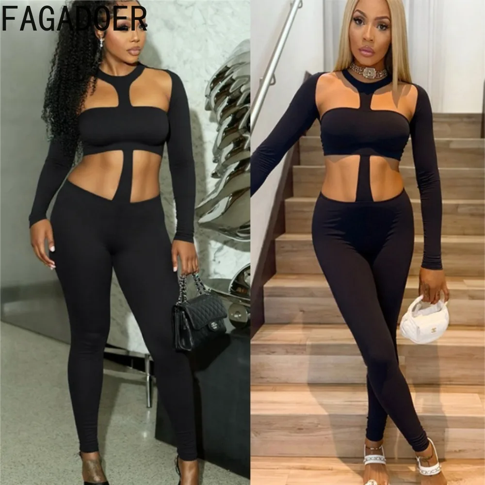 FAGADOER Sexy Hollow Out Bodycon Jumpsuits for Woman Solid Long Sleeves Elasticity Rompers Female Streetwear Overalls 2025 New