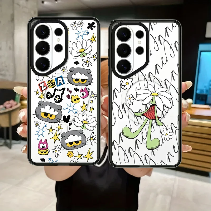 Acrylic Black Border Case for Samsung Galaxy S26 S25 S24 S23 Ultra S26U S24+ S25+ S26 Plus Protective Case White Flower Cat