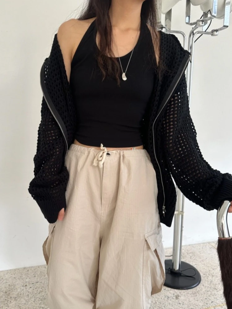 AOSSVIAO Women's Tops Hollow Out Hooded Knit Cardigan Thin Loose Lazy Style Sun Protection Outerwear