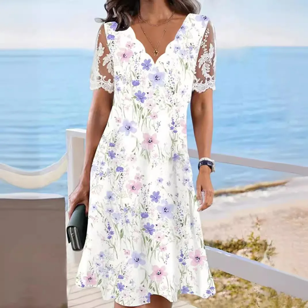 Vestido estampado Floral de encaje de manga corta con cuello en V Vestidos Midi informales una línea Slim Fit empalmado Vestidos playa verano 2025