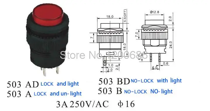 3 Piece Self-locking switch 503A button switch round 16MM 3A 250V red without light indicate