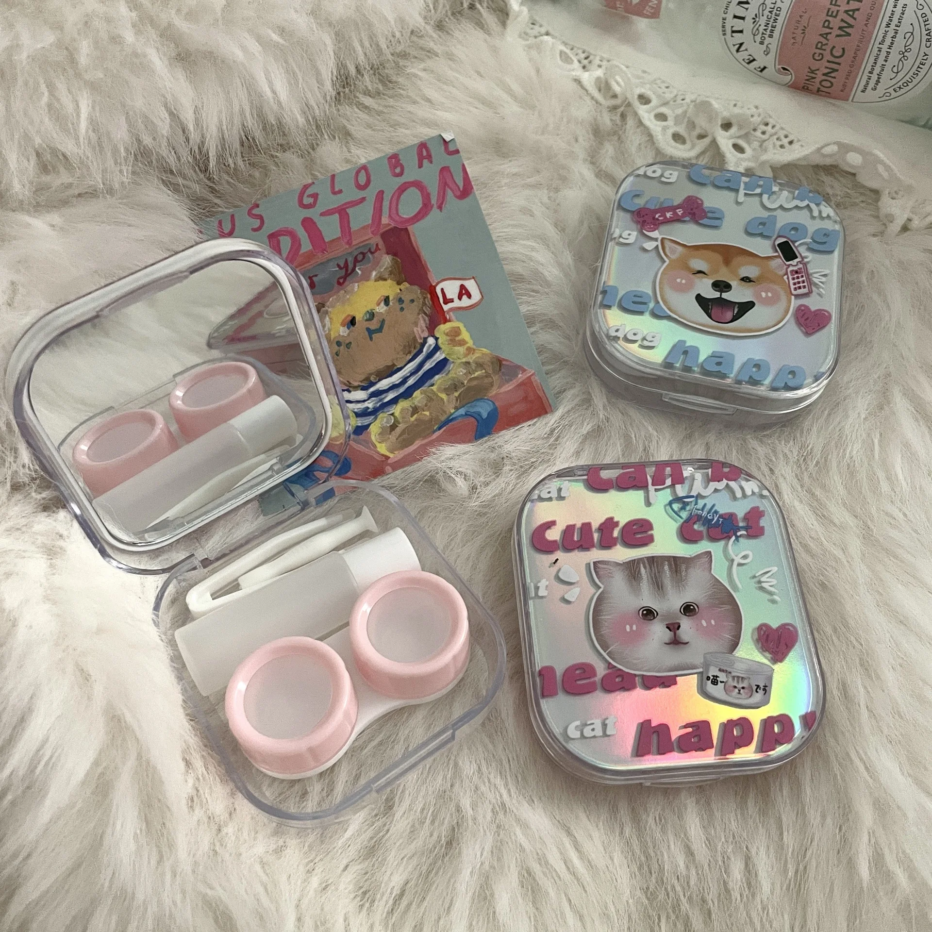 

Contact Lens Case Cute Dog Cat Ins Kawaii Portable Storage Box Lenses Travel Kit Holder With Tweezers Applicator Solution Bottle