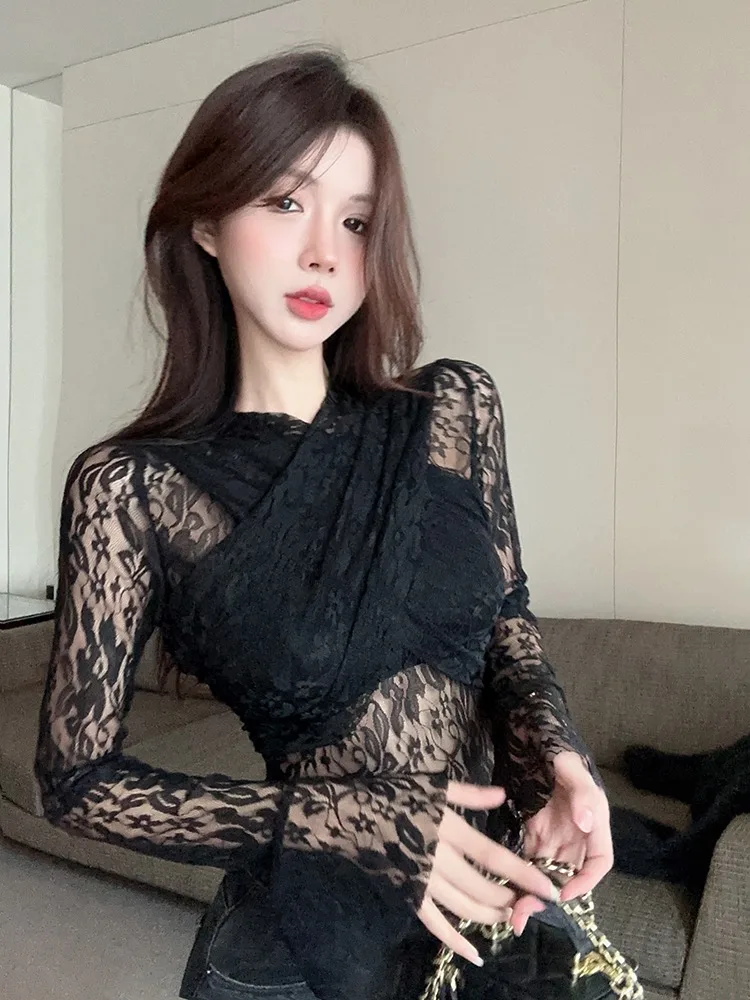 

Sexy Lace Shirt See through Base Layer Slimming Trendy Top for Autumn Winter Commute Style Pear Shape Body Type