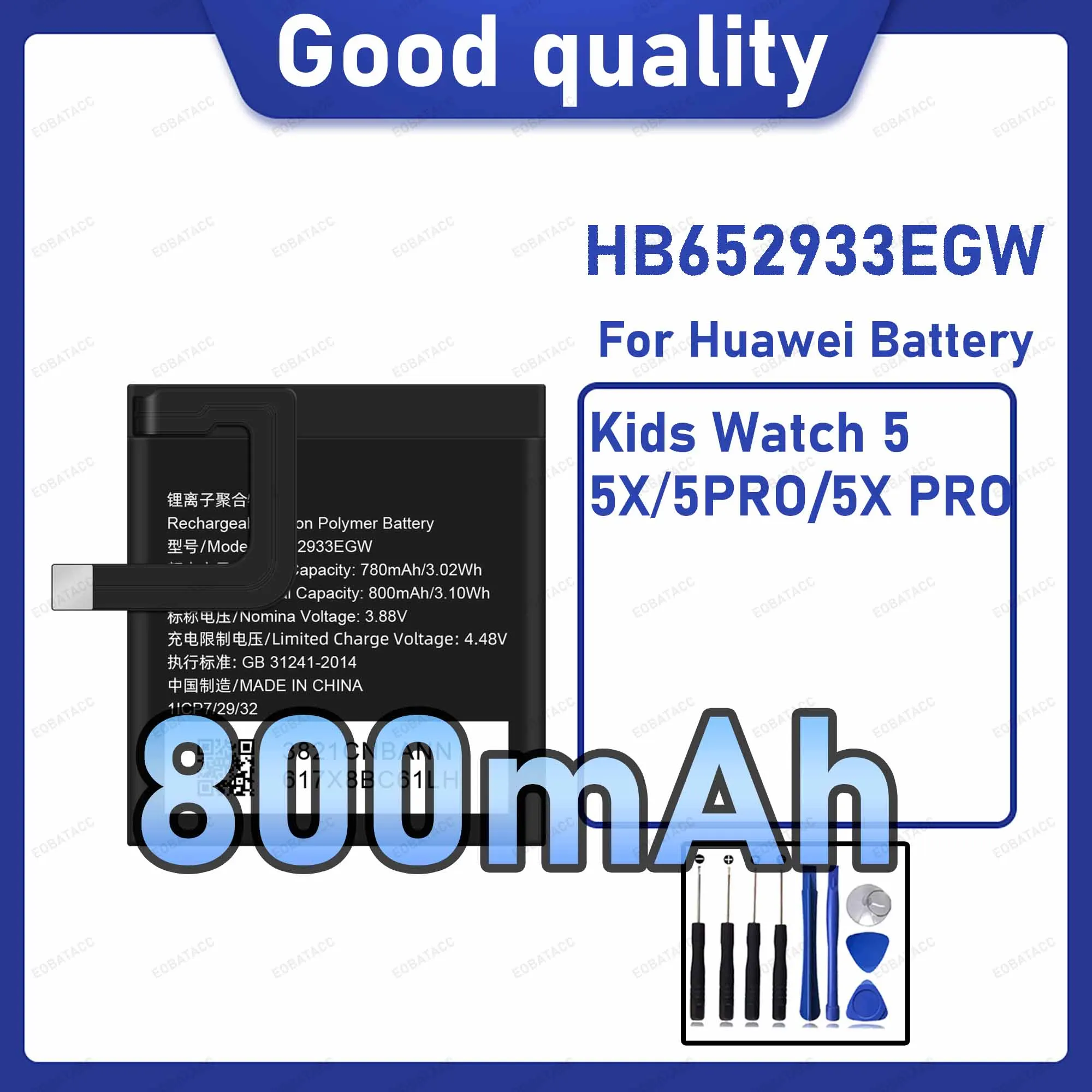 800mAh HB652933EGW Replacement Battery for huawei Kids Watch 5/5X/5PRO/5X PRO with Repair Tools Kit
