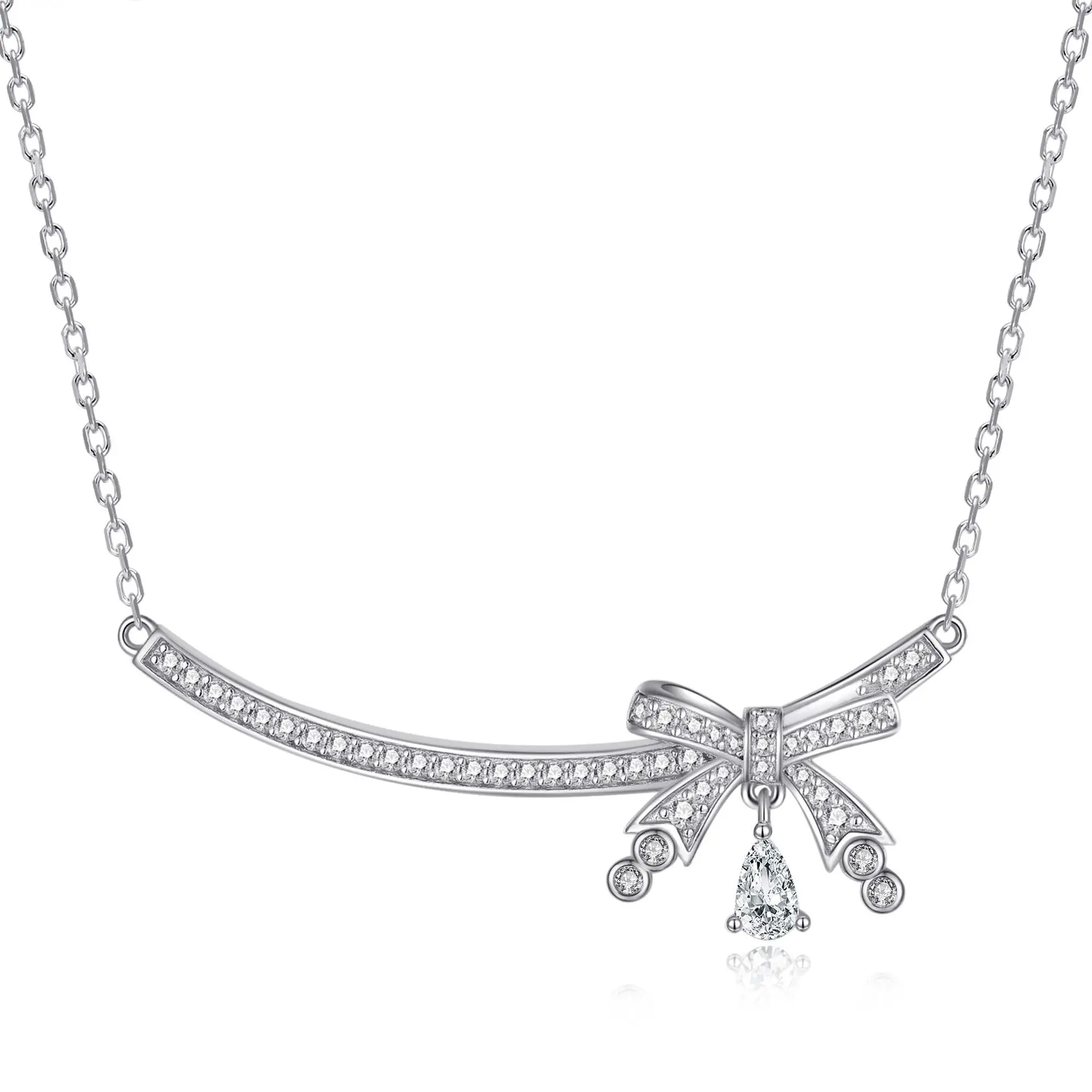 

Fashionable S925 sterling silver personalized bow necklace pendant, women's high-end water droplet gemstone jewelry
