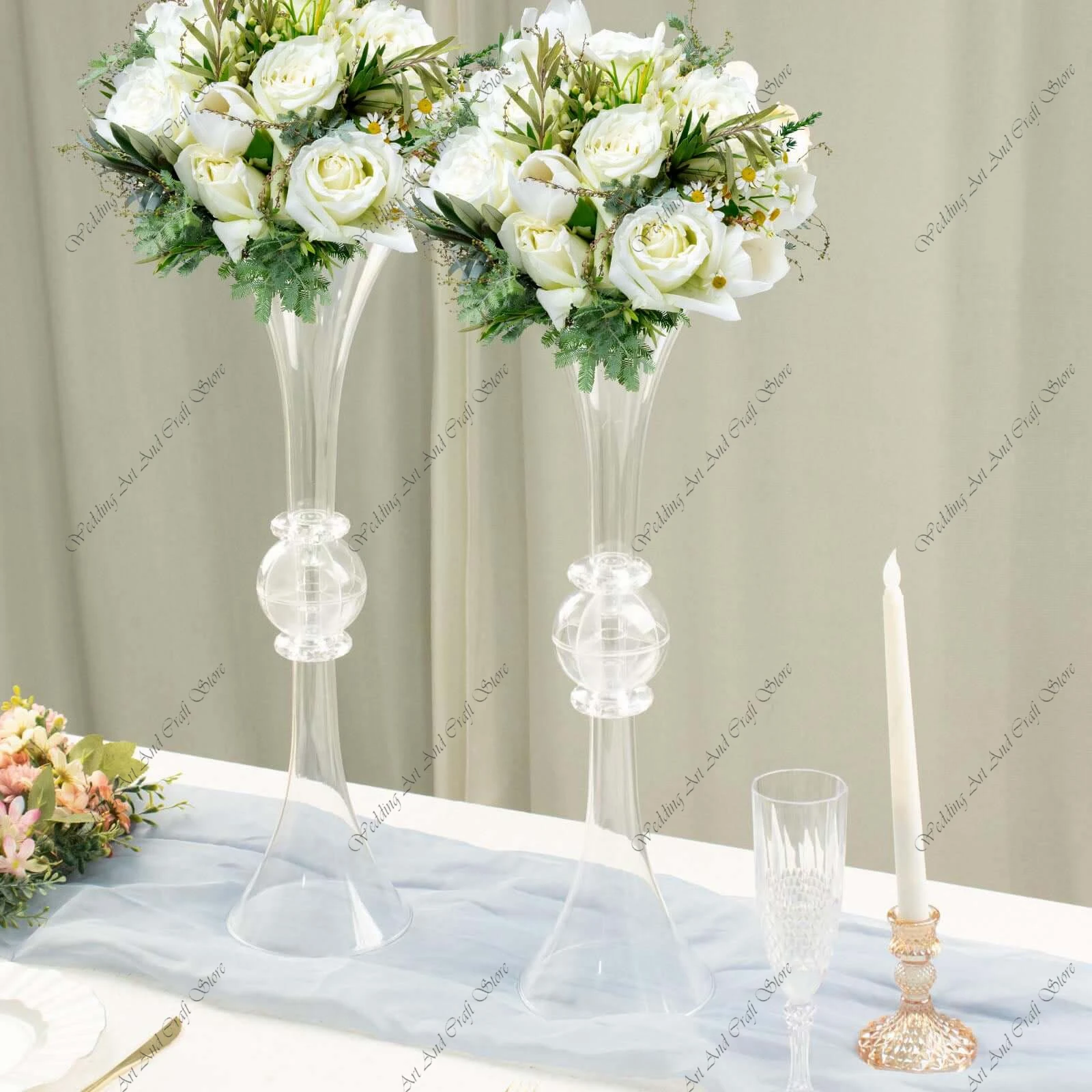 12pcs 68cm f30 Plastic Flower Vases Trumpet Design with Crystal Embellishments Clear Reversible Table Centerpieces ivy53