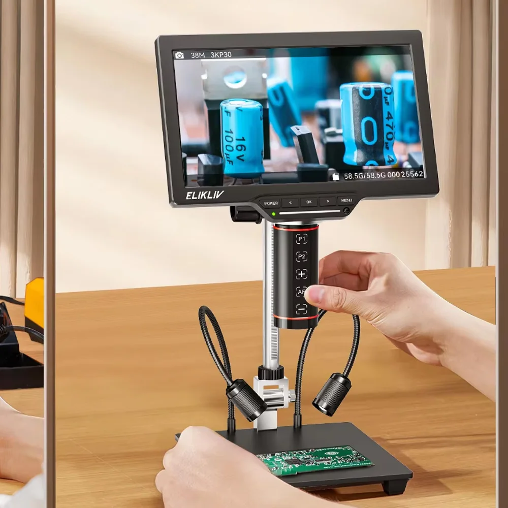 Elikliv Autofokus-Digitalmikroskop EM3K-AF Max 10,1" HDMI Münzlupe 3K IPS-Bildschirm Löt-Mikroskop für Handy- und Elektronikreparaturen mit 10" Ständer