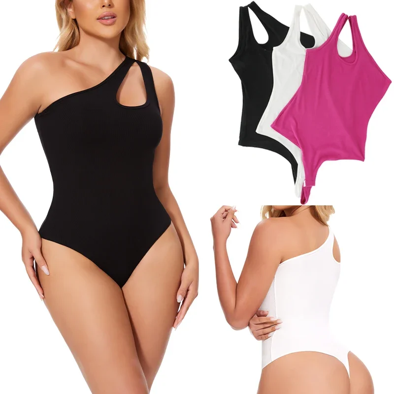 

Hollow Out Bodysuit Women One Shoulder Tank Top Black White Tummy Control Shapewear Ribbed Thong Jumpsuit Sexy Slim Fit Clubwear