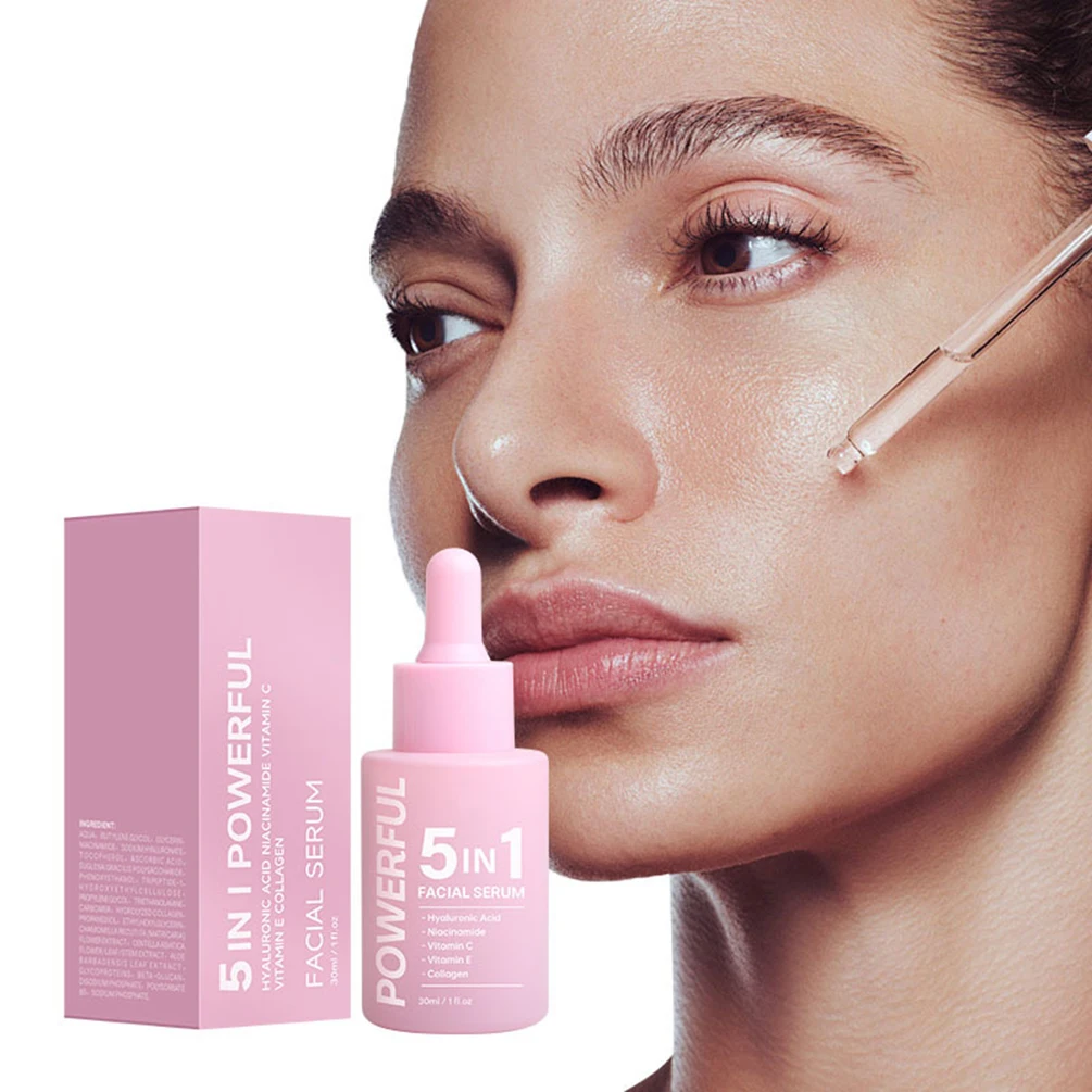 30ml de etiqueta privada 5 en 1 suero facial logotipo personalizado hidratante reafirmante iluminador aclarador maquillaje de arrugas cuidado de la piel facial rosa