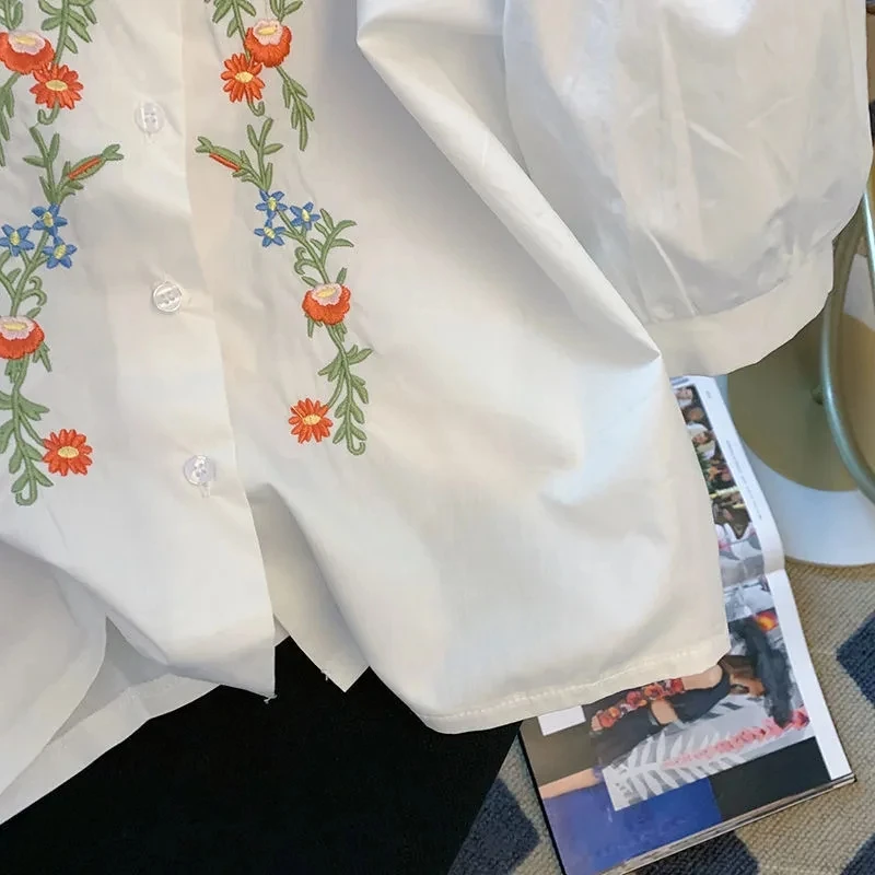 Shirts Women Embroidery Floral Simple Casual All-match Puff Sleeve Chic Elegant Korean Fashion Trendy Top Summer Thin New Female