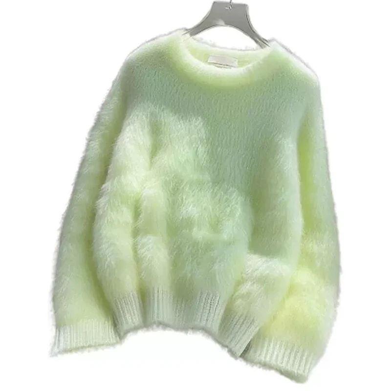 Green Soft Waxy Lazy Thickened Knitted Sweater Women's 2025 Autumn Winter New Warm Heating Top O-Neck Long Sleeve Sweater Coat