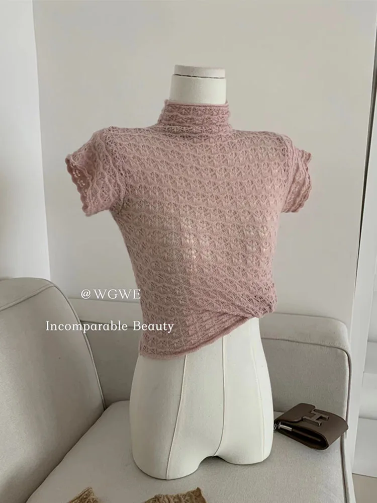 American Retro Solid Crochet Top Fashion All-Match Women Turtleneck Tees Casual Slim T-Shirts Baggy Oversize Tide Spring Summer