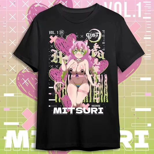 2025 Winter und Herbst Full Time Demon Slayer Neko Mitsuri 200 g schwere Baumwolle Vintage übergroßes Anime-T-Shirt Unisex