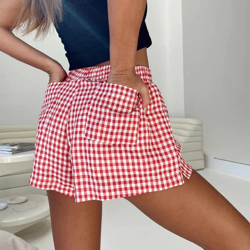 Gingham Boxer Shorts Micro Lounge Bottoms Women Y2K Pajama Shorts Plaid Print Pajamas Sleep Shorts Sleepwear Casual Outfits