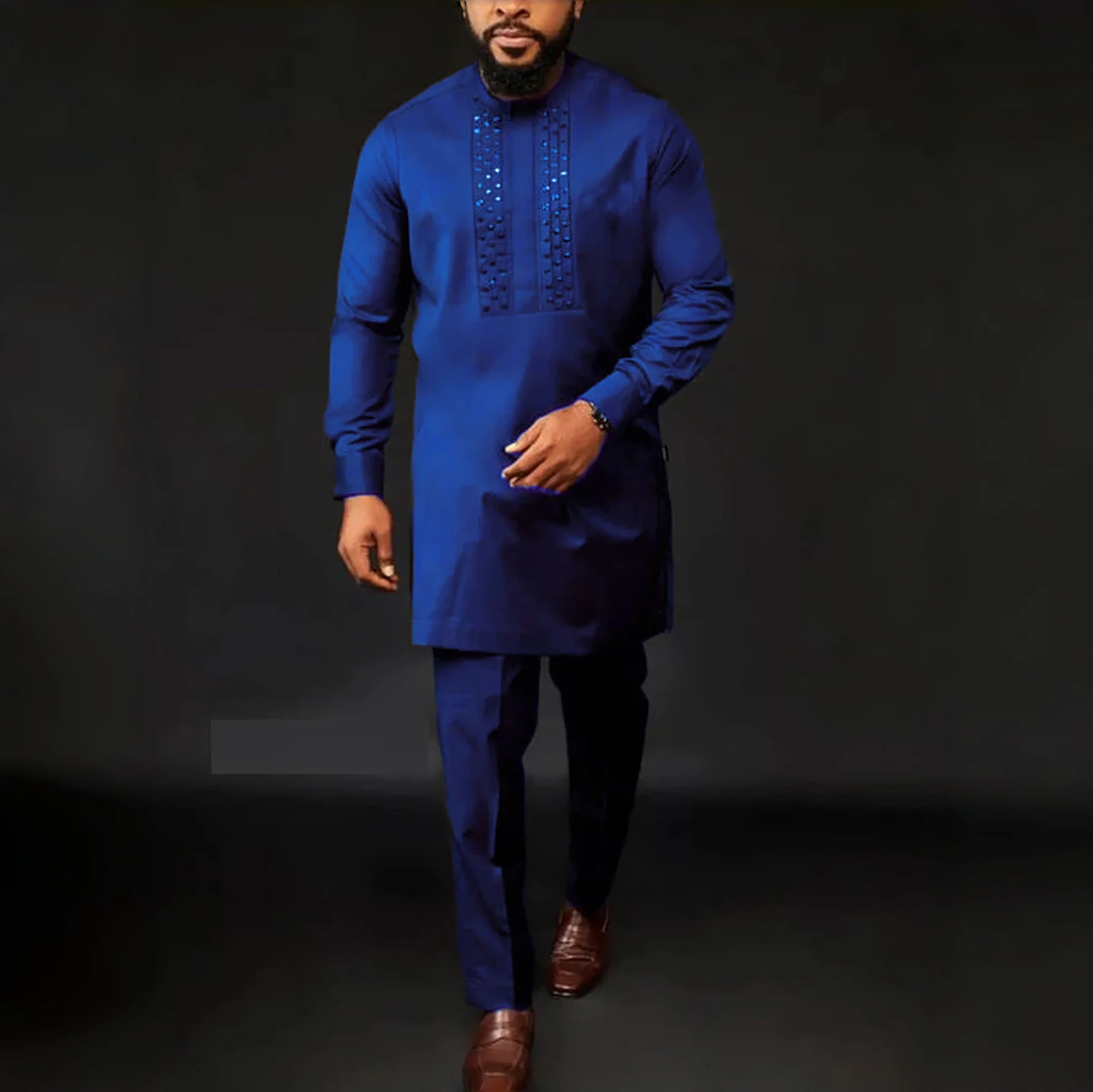 Novo Conjunto Dashiki de 2 Peças Abaya Roupa Masculina Camisa e Calça Manga Longa Estilo Étnico Africano Elegante Gola Redonda com Strass Kaftan