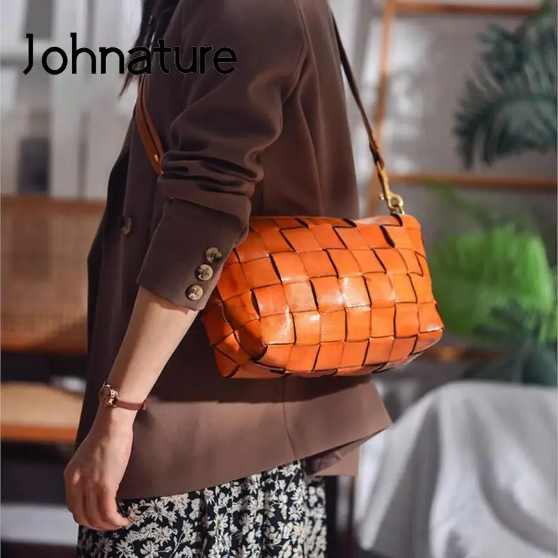 Johnature Vintage Genuine Leather Woven Shoulder Bag 2024 New Simple Natural Soft Real Cowhide Women Crossbody Bags