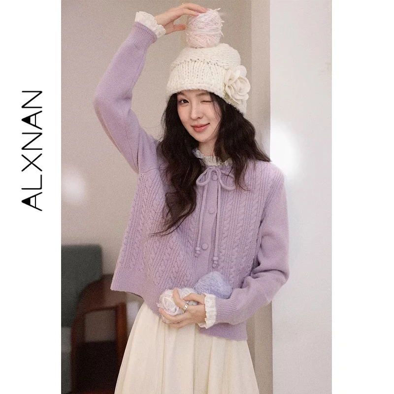 

ALXNAN женский зимний свитер свободного покроя вязаный пуловер фиолетовый кружевной встав с длинными рукавами в корейском стиле теплая женская одежда L60126