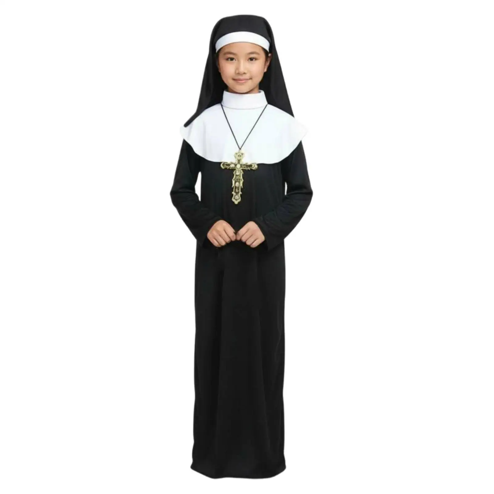 Kids Nun Costume Long Black Robe with Headpiece Girls Catholic Religious Habit for Halloween Party School Play