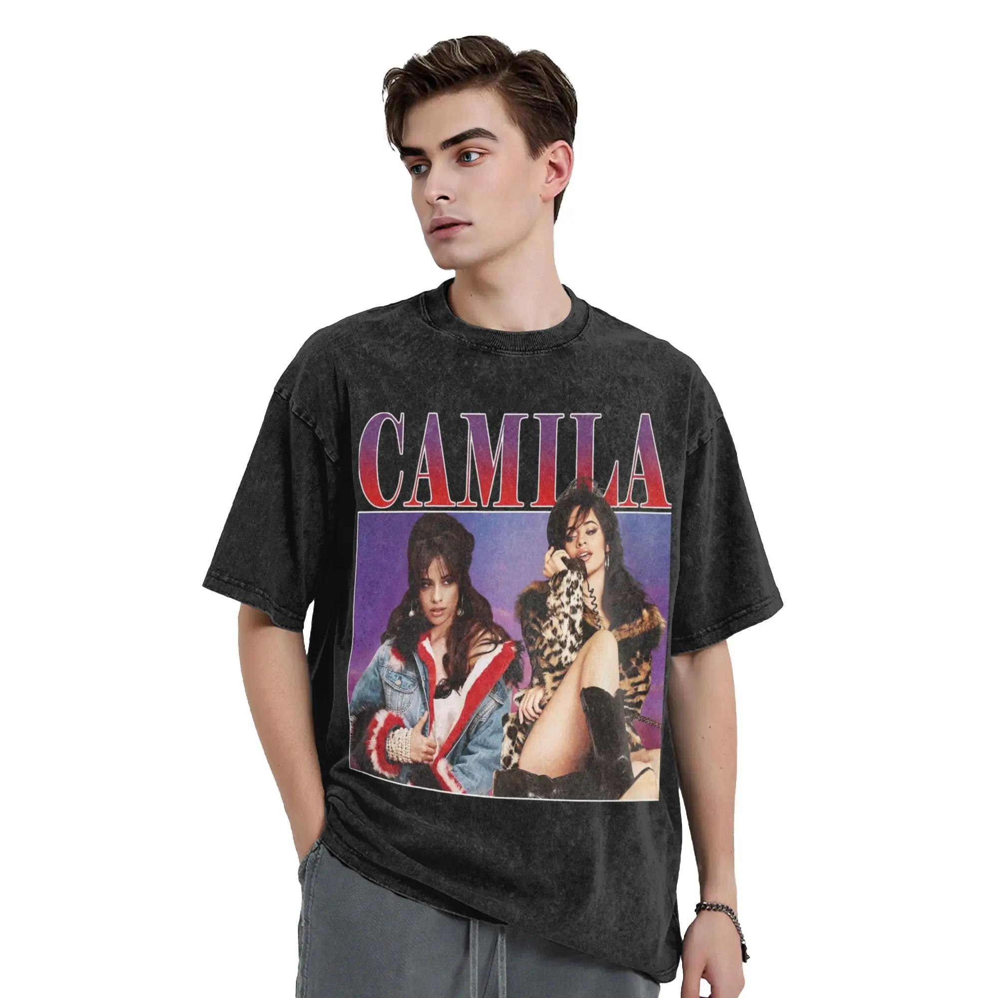 Washed T Shirt Camila Cabello Hip Hop Vintage T-Shirts Harajuku  Streetwear 100% Cotton Summer Tops Tee Shirt for Men Women