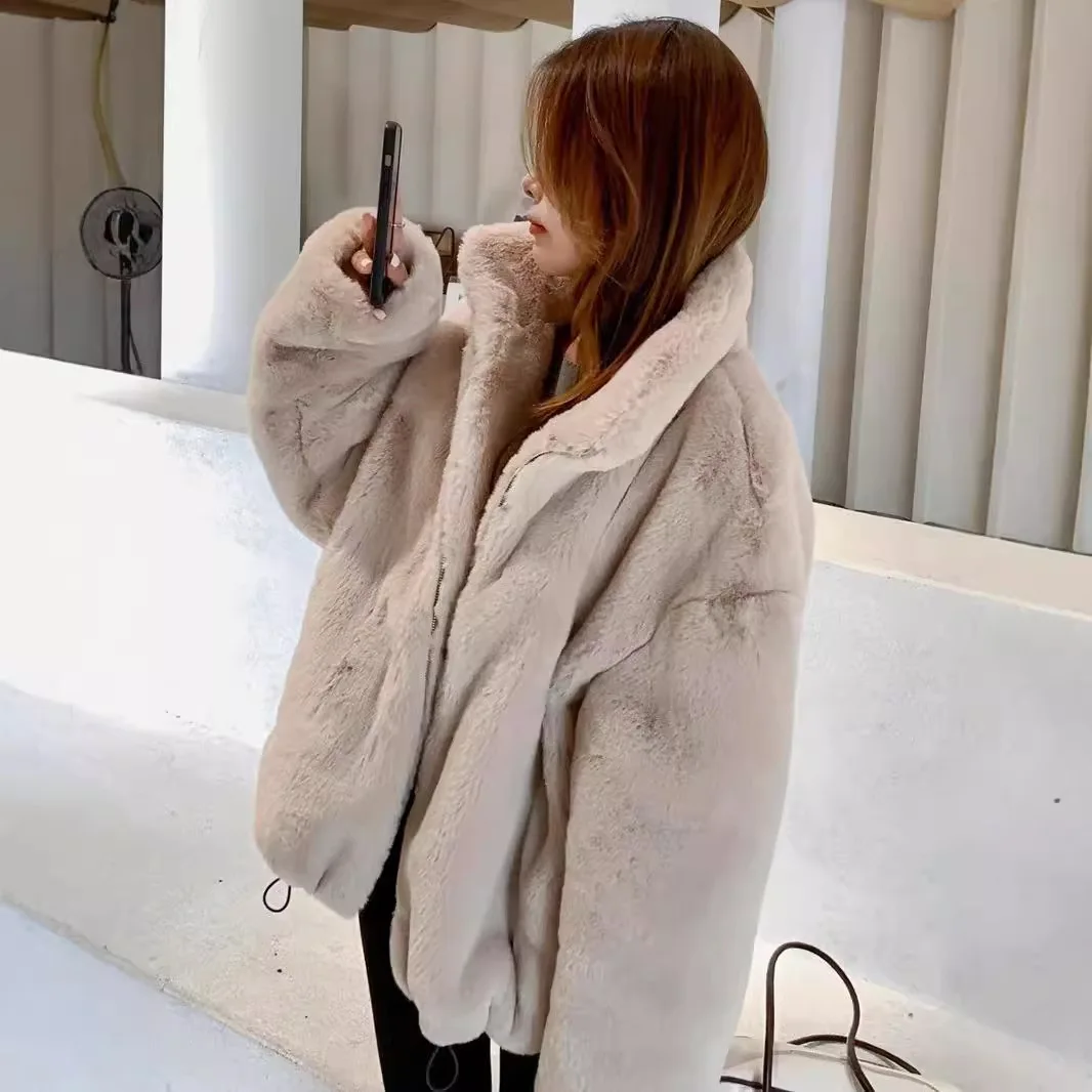 Kunstpelzmäntel für Damen, verdickt, doppelseitig, für Bühnenfrau, Harajuku, flauschige Weste, abnehmbare Kapuze, flauschig, süß, reine Länge