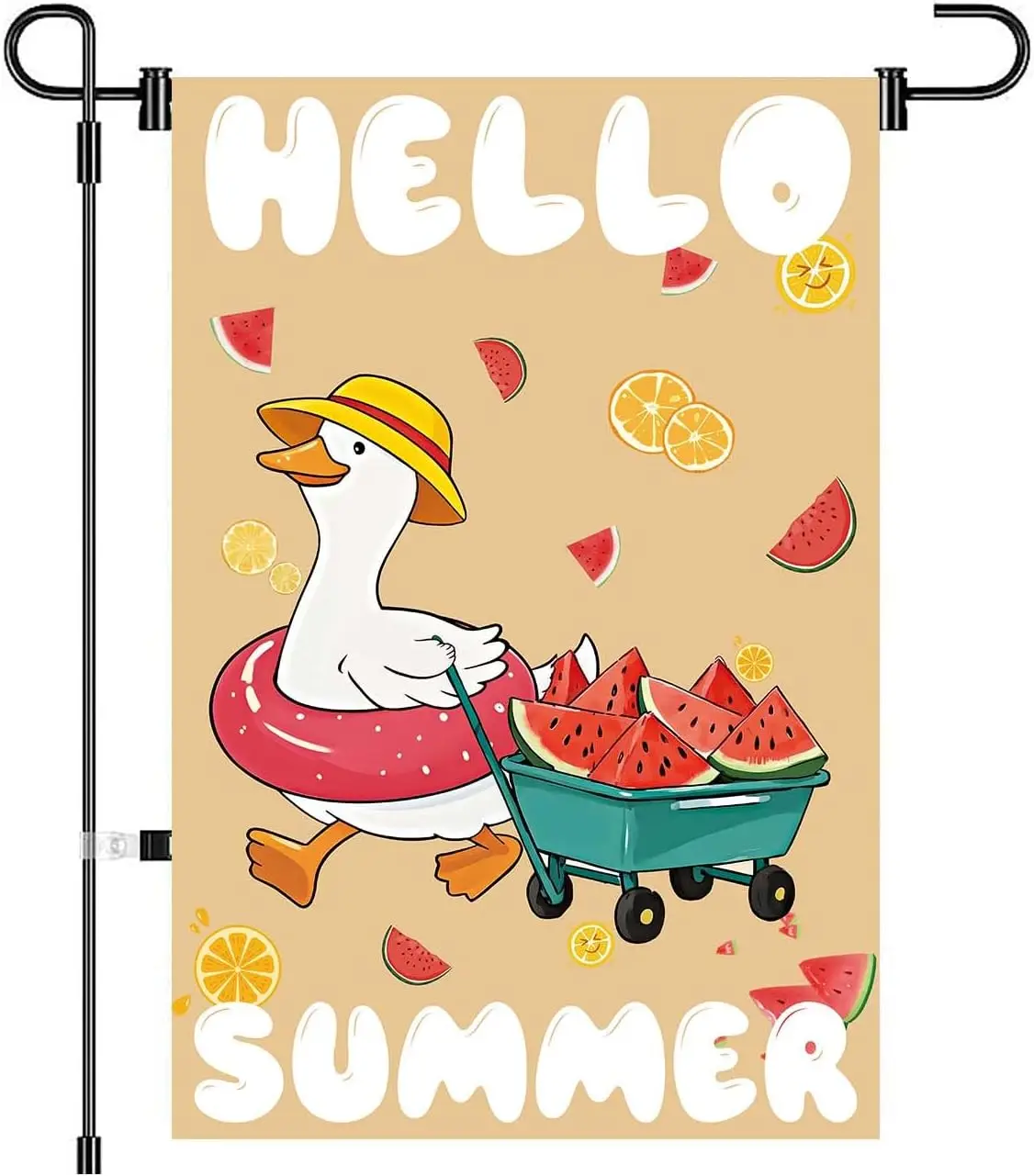 Hello Summer Garden Flags Funny Duck and Watermelon Design,Durable Polyester Outdoor Decoration for Summer Patio,Yard,12x18  SSL