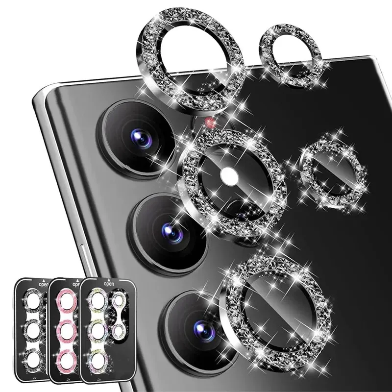 Vetro per obiettivo con glitter diamantati per Samsung Galaxy S25 Ultra Plus HD Protezione per fotocamera trasparente per Samsung S24 Plus Pellicola per obiettivo ad anello in metallo