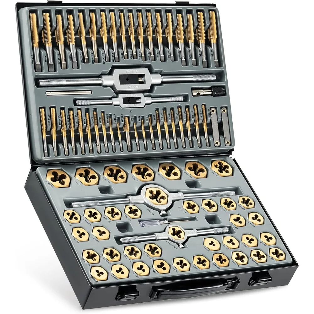 

86pc Tap and Die Set in SAE and Metric, Titanium Coated Steel Tap Set and Die Tool Set Mechanics and Craftsmen Metric