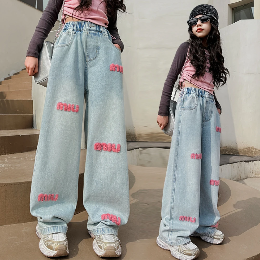 Girls' Spring Towel Embroidered Letter Jeans 2024 New Children's Fashion Casual Wide Leg Pants Kids Long Pants for 120-170cm