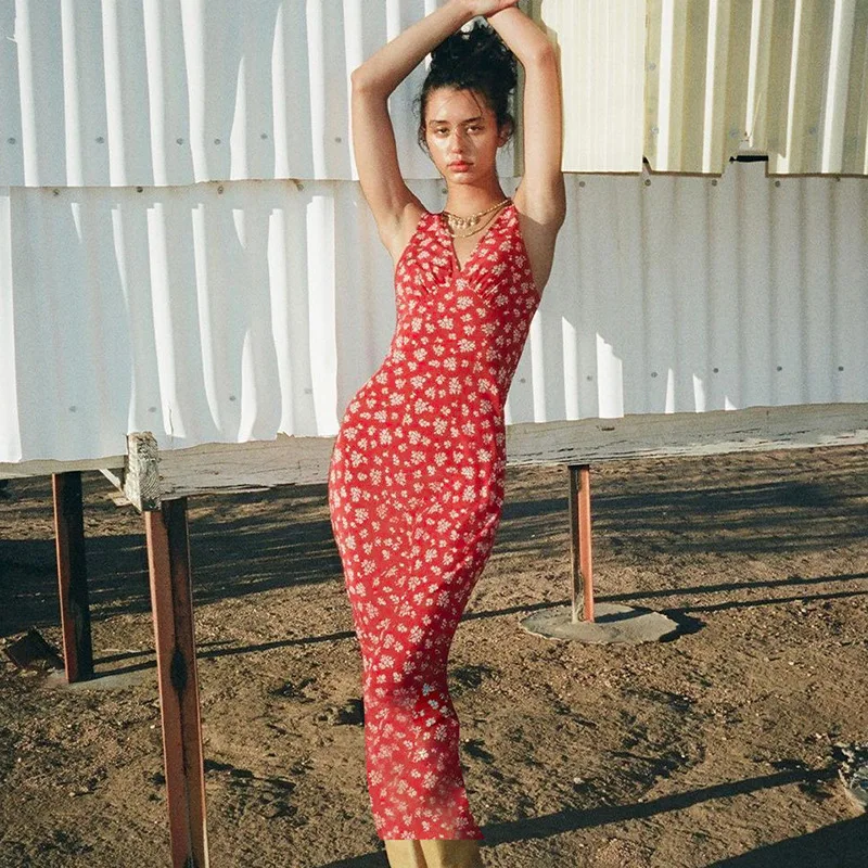 Robe longue Sexy pour femmes, col en v, Style français, imprimé Floral, dos nu, bretelles Spaghetti, robe de plage pour les vacances, coupe cintrée