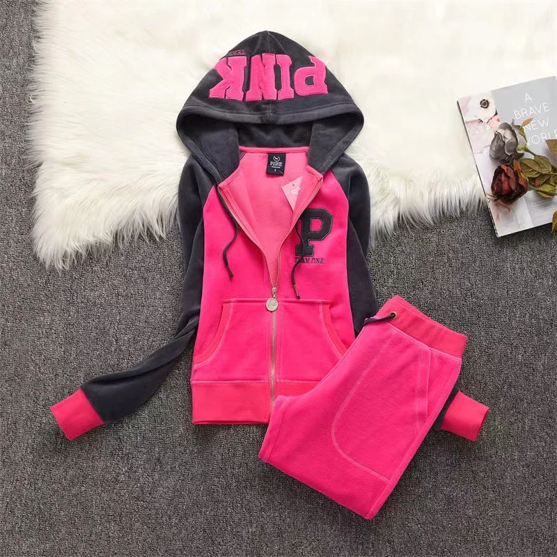 Conjunto de chándal de terciopelo rosa para mujer, Sudadera con capucha y pantalones con letras bordadas, 2 piezas, primavera y otoño, 2024