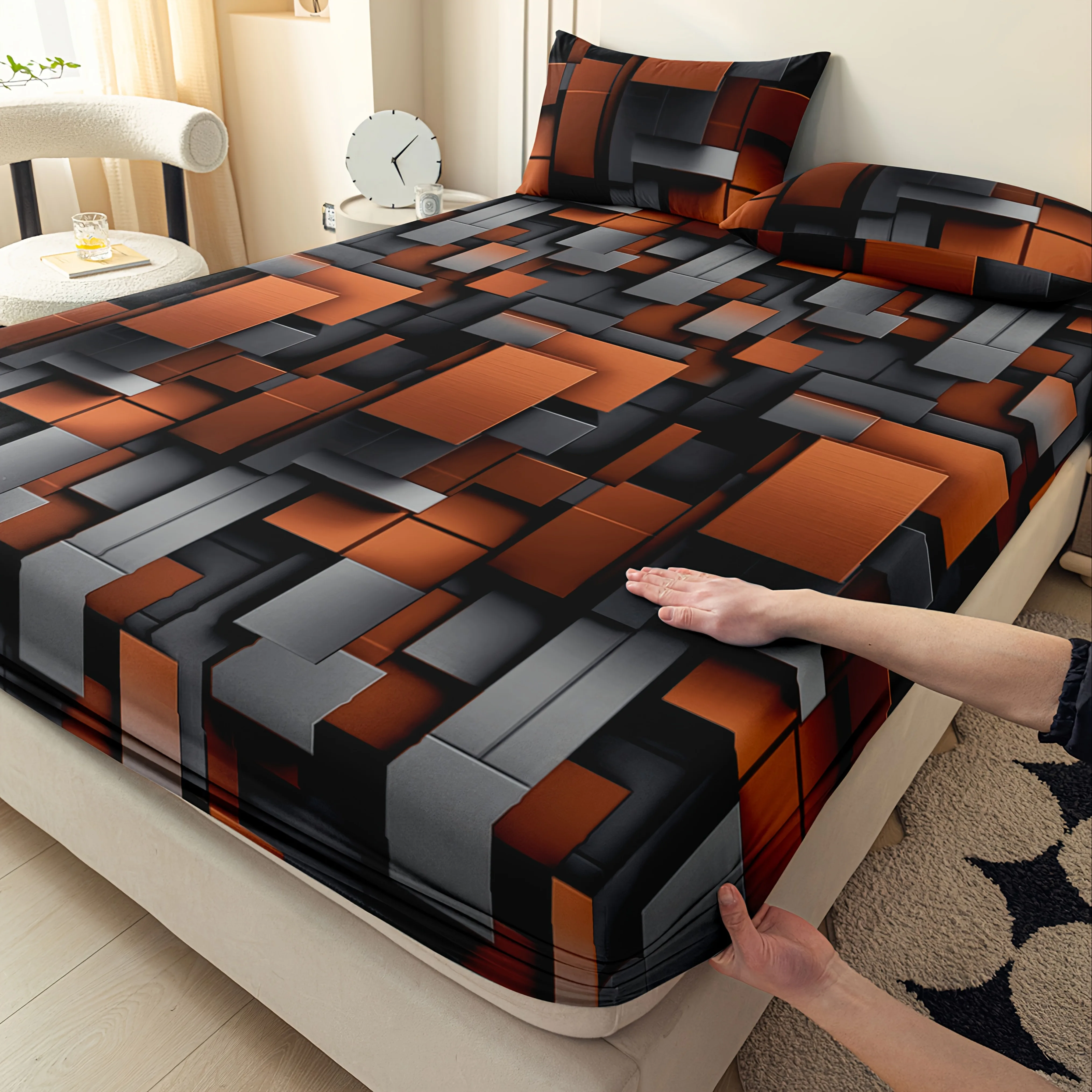

Geometric Fitted Sheet Set All-Season Mattress Protector Fashionable Classic Soft Comfortable Deep Pocket Breathable Bedding Set