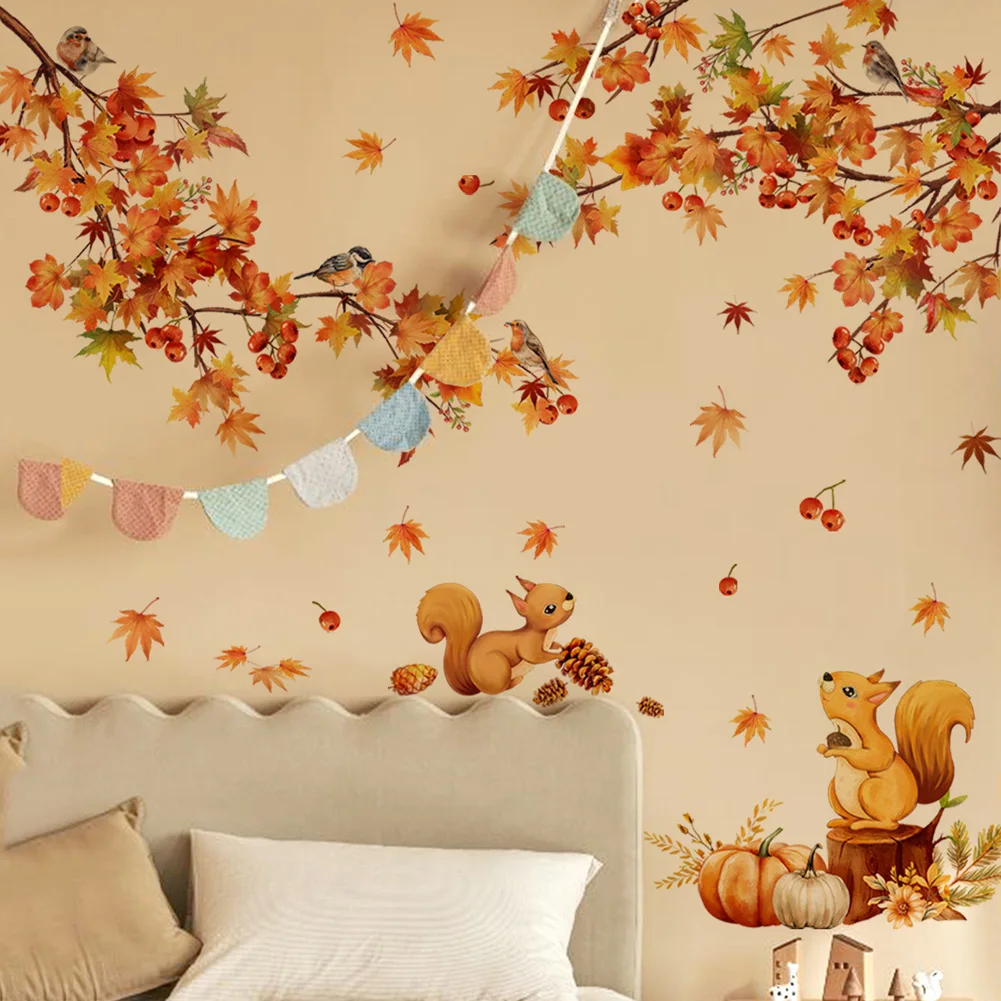 Watercolor Style Maple Leaf Squirrel Wall Stickers Kids Room Decor Bedroom Background Home Decoration Mural Self-adhesive Decals