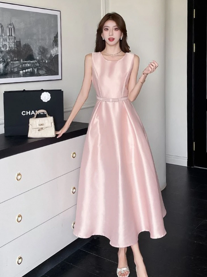 فستان طويل على طراز هيبورن الحلو للنساء وردي بدون أكمام تنورة ماكسي عالية الخصر قماش شفاف ملابس غير رسمية للربيع والصيف #4