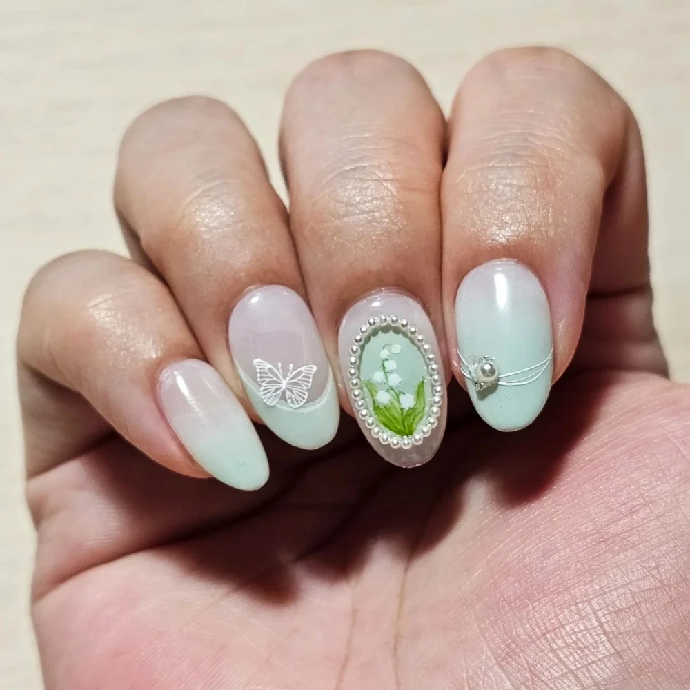 Handmade médio oval unhas falsas, design de manicure, conjunto de lixa de unha adesiva, flor limitada, imprensa nas unhas, novo, verão, 10pcs