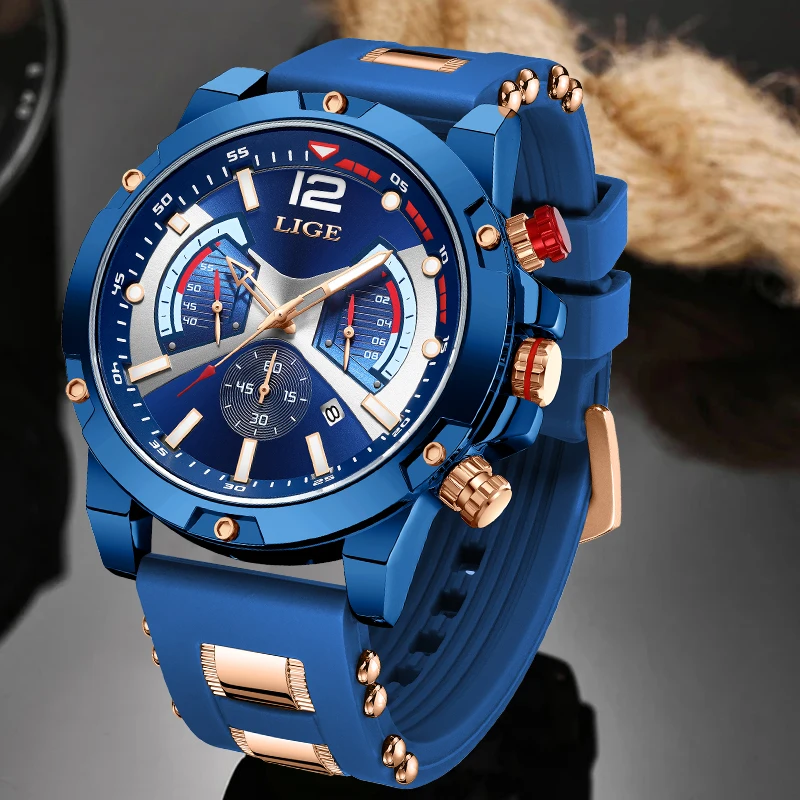 LIGE-Montre à Quartz Militaire Étanche pour Homme, Mode de Luxe, Silicone, Calendrier, Horloge Décontractée, Zones, Boîte