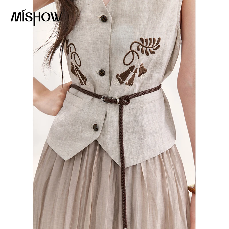MISHOW Women's 100% Linen Floral Embroidery Vest Summer Sleeveless V Neck Button Down Waist Belt Vintage Waistcoat MXF30W1084
