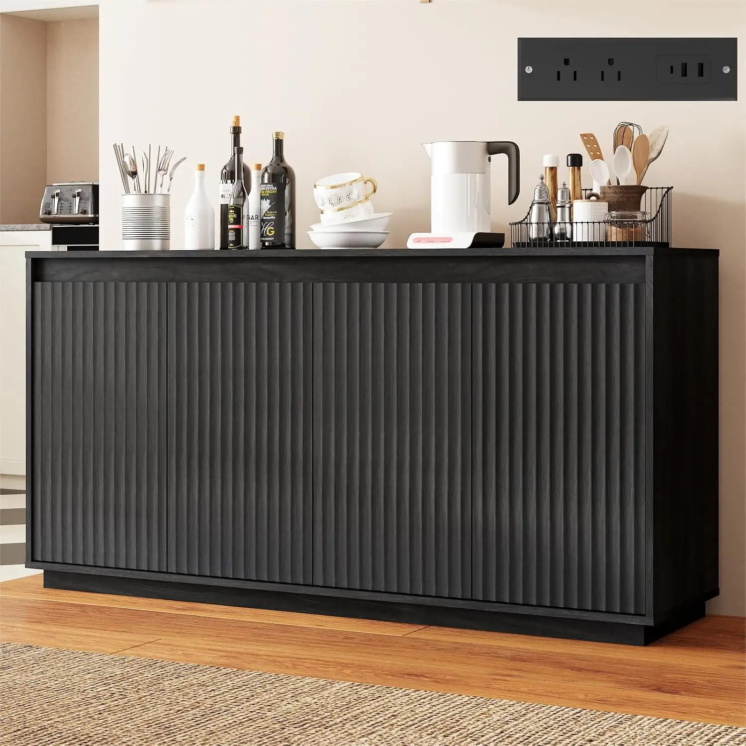 Fluted Black Sideboard with Storage Doors & Charging Station, Accent Credenza for Kitchen Dining Room Entryway, Customized