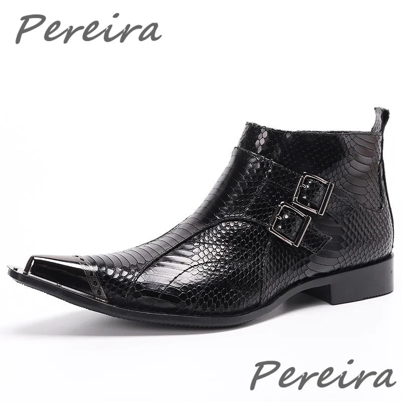 

Snake Patterned Men's Chelsea Boots Metal Pointed Toe Buckle Genuine Leather Ankle Booties British Style Party Banquet Shoes