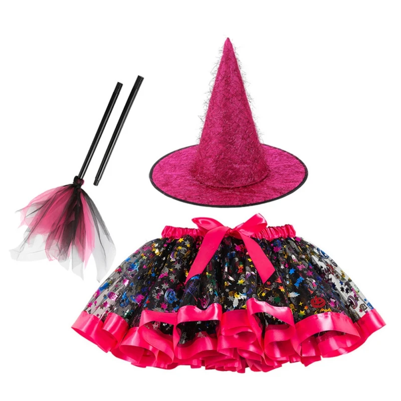 Ragazze Mago Strega Tutu Abiti Set Bambino Bambini Costumi Cosplay di Halloween con Fiocco Bambini Fantasia Gonne di Tulle Abiti 3 Pezzi 2-8Y