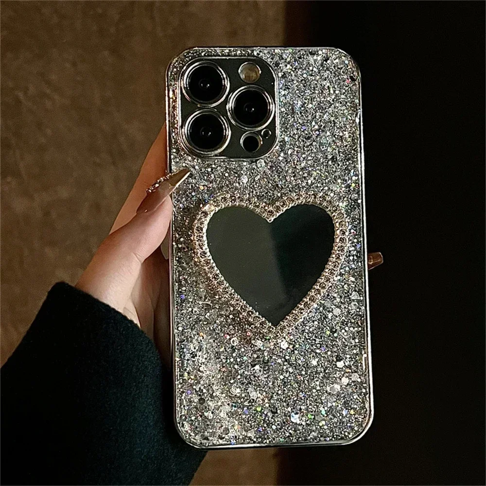 

3D Luxury Bling Glitter Plating Love Heart Mirror Phone Case For iphone 14 15 13 12 Pro Max 11 INS Lens Protection Cover