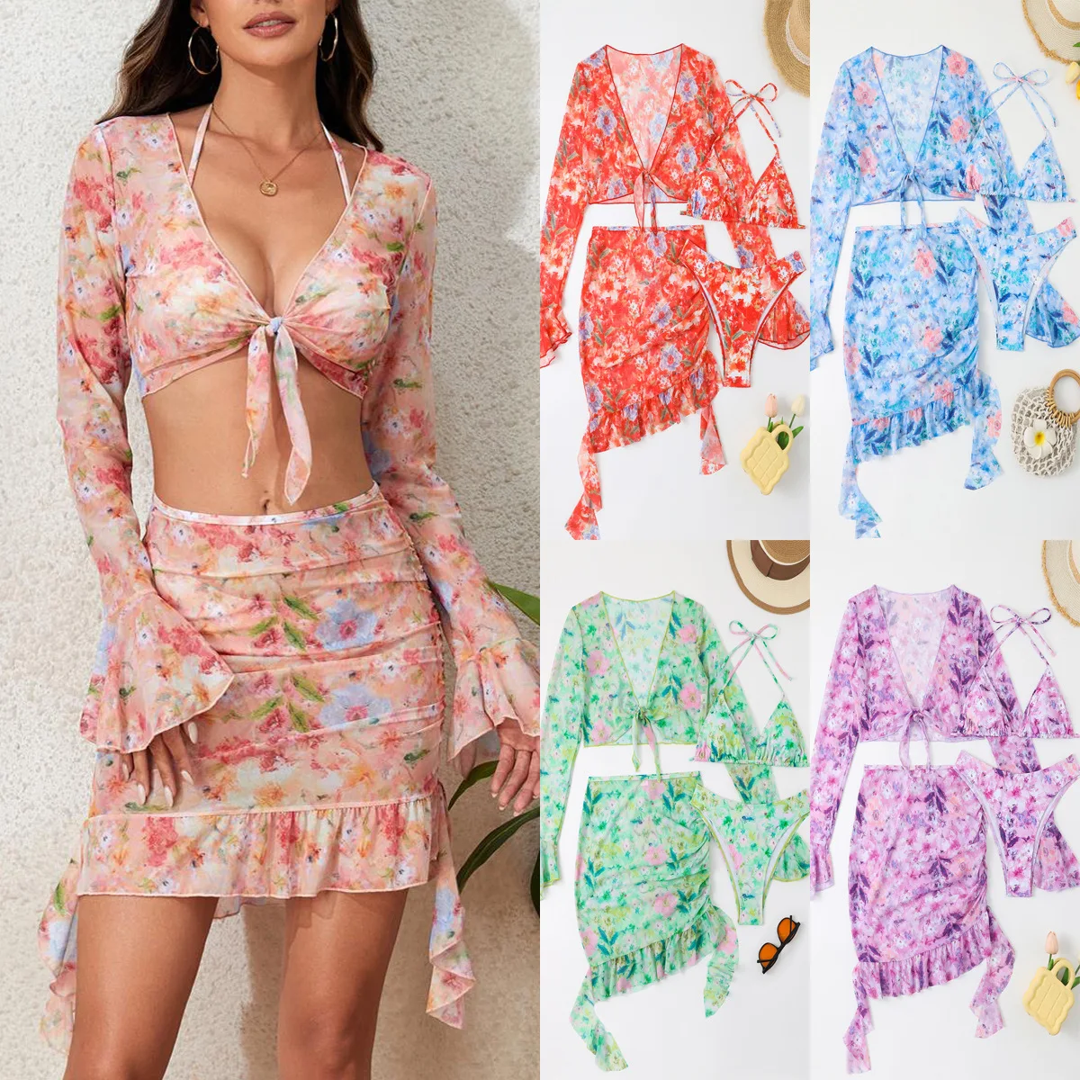 

2025 new European and American swimsuit women's swimsuit swimsuit split four-piece long-sleeved blouse bikini